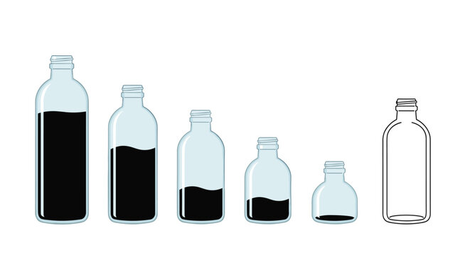 Row of six glass bottles showing decreasing levels of dark liquid inside ranging from full to empty for measurement concepts.