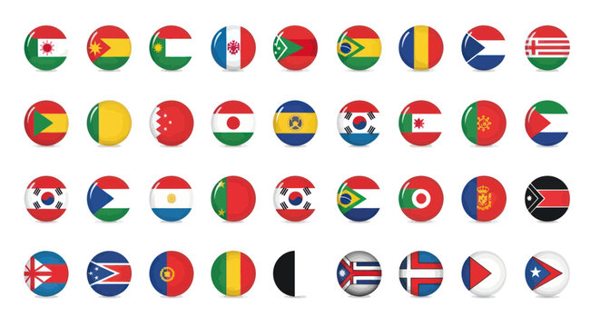 Collection of World Flags in Circular Icons with Grunge Texture