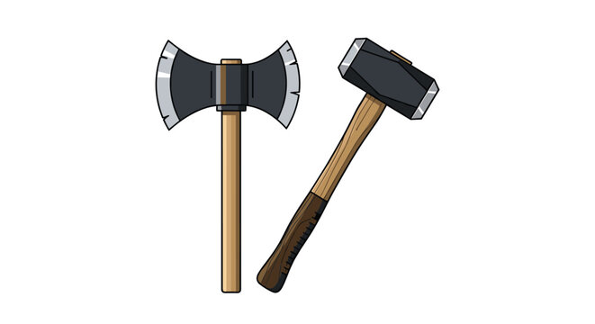 Traditional double bladed battle axe and a heavy sledgehammer with wooden handles for woodworking or historical concepts.