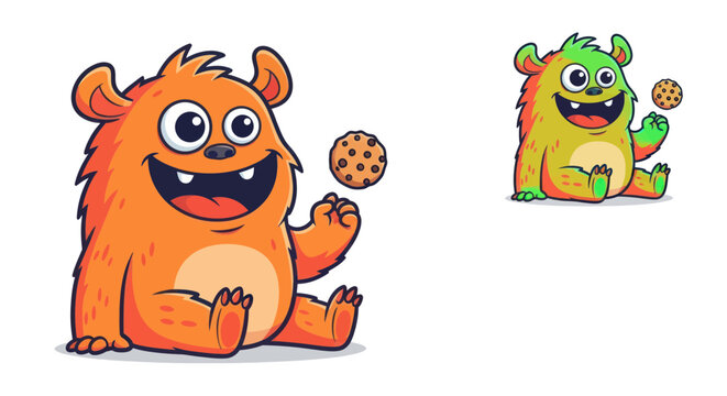 Cute Orange Monster Holding Cookie, Cartoon Character, Funny Creature