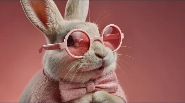 Bunny wearing pink glasses and bowtie greeting. Cute rabbit waving hand to gesture hello. Animal character celebrating easter with funny accessory for holiday.