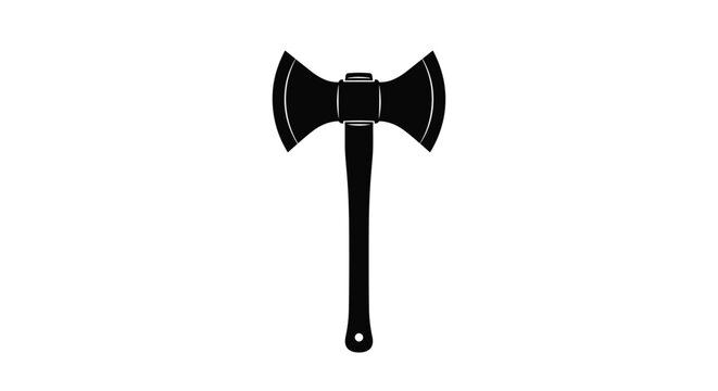 Solid black silhouette of a double bladed axe with a long handle isolated on a white background for logo or icon design.