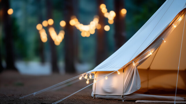 Cozy glamping bell tent with string lights in a dark forest at night, outdoor relaxation and luxury camping concept, defocused background, with copy space