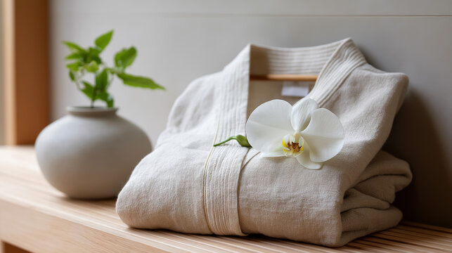 Minimalist flat lay of a linen robe, towel, and single orchid on a spa bench, quiet luxury wellness ritual concept, with copy space