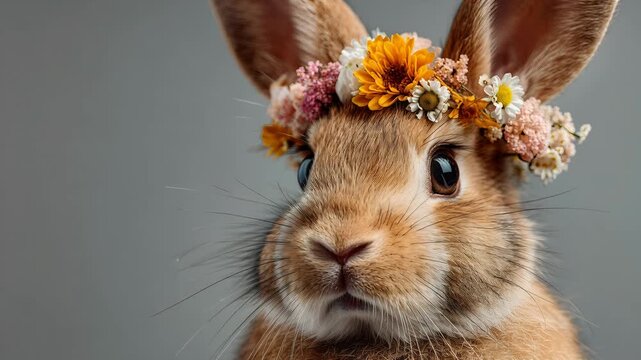 Fluffy brown bunny wearing a crown of yellow and pink spring flowers. Cute animal portrait for Easter celebration. Small rabbit with natural floral decoration.