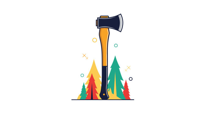 Vector illustration of a felling axe with a wooden handle stands vertically in front of stylized colorful evergreen trees in a minimalist style.