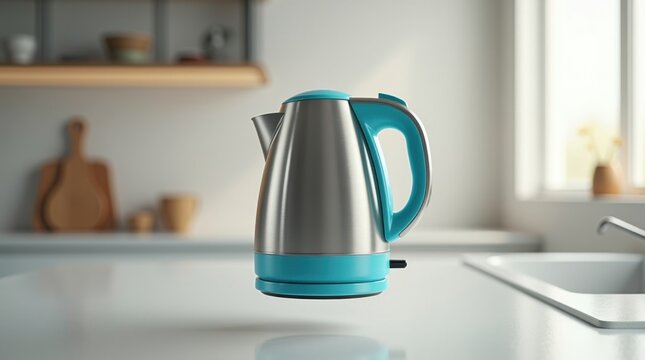 Hervidor el&eacute;ctrico flotando en el aire, fondo de cocina minimalista