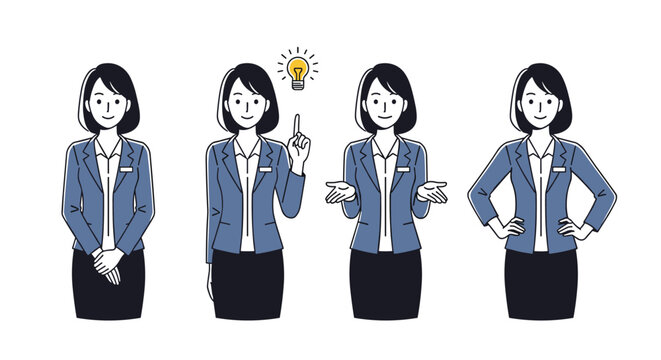 Collection of four illustrations shows a professional businesswoman in a blue suit performing various gestures like bowing and pointing.