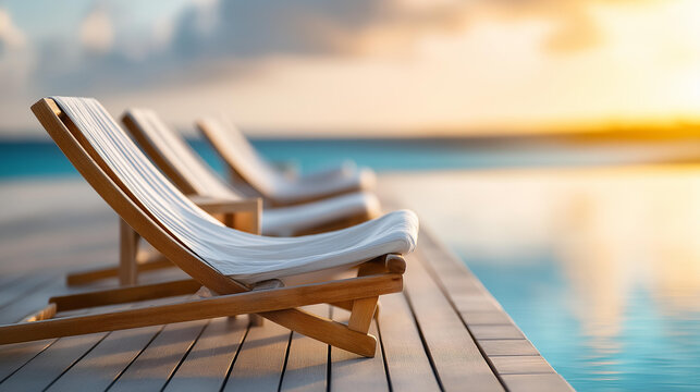 Luxury summer poolside at sunset with deck chairs and water reflections, tropical beach landscape lifestyle concept, defocused background, with copy space