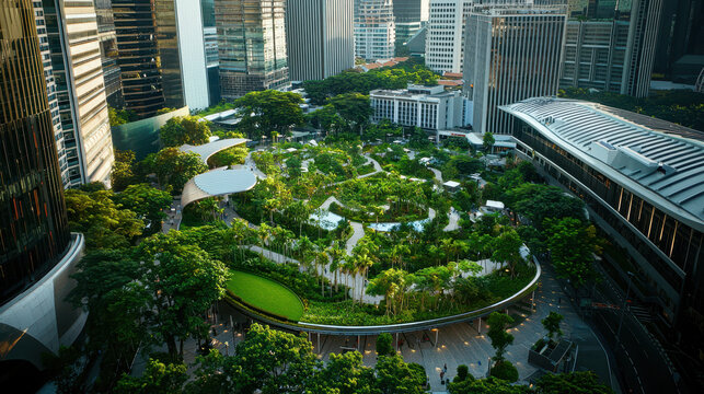 Vibrant urban park surrounded by modern skyscrapers showcases sustainable design and greenery, promoting relaxation and community engagement