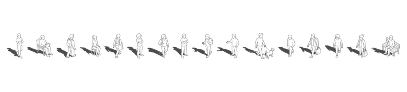 A collection of Diverse top view vector People Walking, Sitting, Standing with gray shadows underneath, useful for realistic architectural plans. Overhead perspective characters illustration
