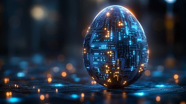Glowing digital egg with circuit board pattern on dark surface. Innovation concept representing future technology and artificial intelligence in minimal neon style.
