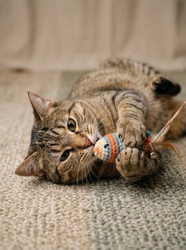 Close-up portrait of a tabby cat lying and playfully biting a colorful knitted toy mouse on a carpet.