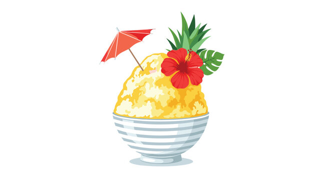 Delicious shaved ice dessert in a striped bowl is decorated with a red hibiscus flower a pineapple top and a small umbrella.