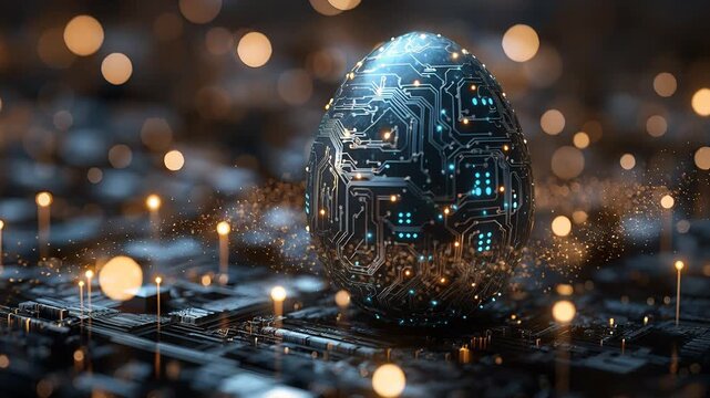 Electronic egg with glowing circuit board pattern surrounded by digital light rings. Futuristic technology concept for data innovation and artificial intelligence.