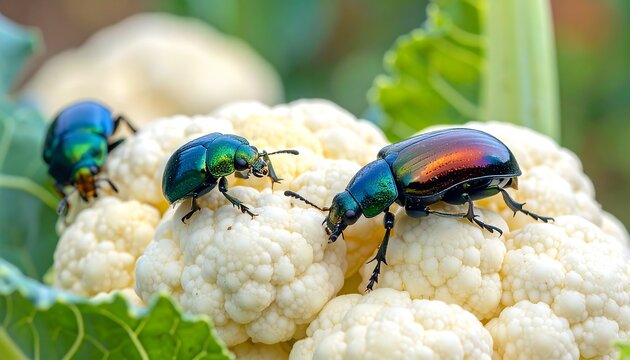 Close-up of three iridescent beetles on a head of cauliflower. Green leaves surround the food