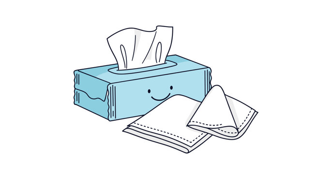 Blue tissue box with a friendly smiley face sits next to two loose white tissues on a clean white surface.