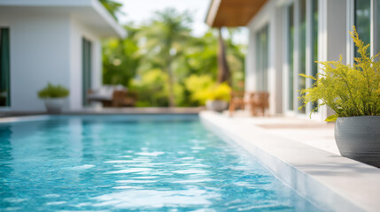 Fototapeta premium Modern swimming pool in a private luxury villa mansion surrounded by landscaped gardens, premium real estate lifestyle concept, defocused background, with copy space