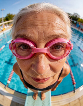 Funny Portrait of Senior Woman in Pink Goggles on Diving Board at Swimming Pool