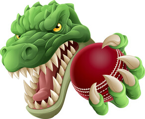 A crocodile, dinosaur or alligator lizard sports mascot holding a cricket ball © Christos Georghiou