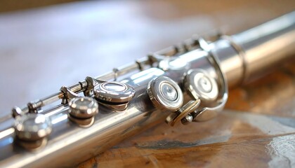 Obraz premium Close-up of a silver woodwind instrument, showcasing intricate key mechanisms and polished surface reflecting light. Focus on the details