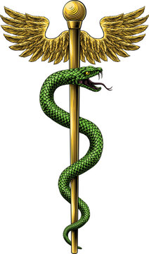 Rod of Asclepius staff medical symbol. Snake around rod or wooden staff. Often mistakenly called Caduceus. Doctor medicine and health care icon. Vintage woodcut etching style. Also features wings.