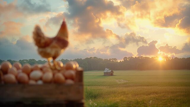 Brown hen standing on wooden crate filled with raw eggs at sunset. Rural farmland scene showcasing livestock farming, organic poultry production and agriculture.