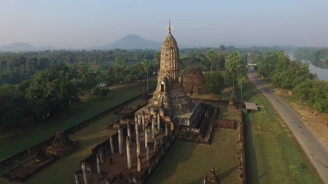 Aerial view of Wat Phra Si Rattana Mahathat Chaliang at Si Satchanalai Historical Park, Sukhothai, Thailand.