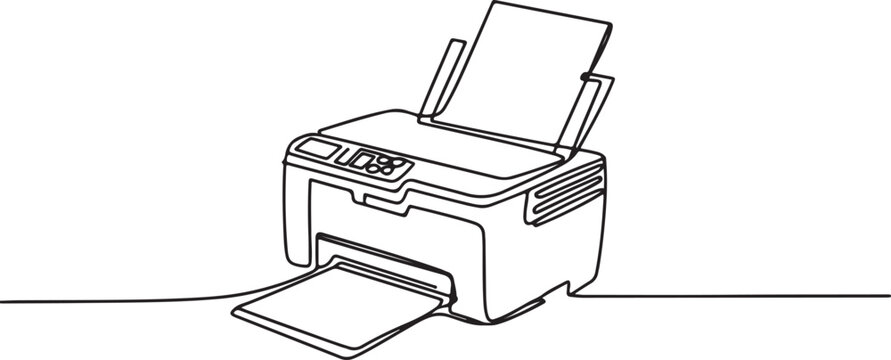 One continuous line drawing of digital inkjet printer for company printing needs. Electricity small office equipment tools concept. One line draw graphic design vector