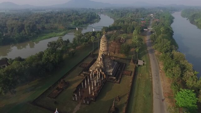 Aerial view of Wat Phra Si Rattana Mahathat Chaliang at Si Satchanalai Historical Park, Sukhothai, Thailand.