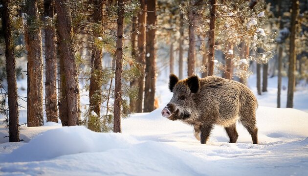 Wild Boar In The Forest In Winter