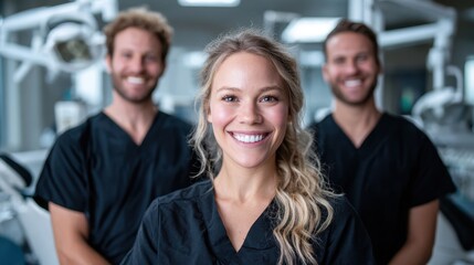 Fototapeta premium A cheerful dental team smiles brightly in their clinic, showcasing their professionalism and warmth, creating a friendly environment for patients and promoting dental health.