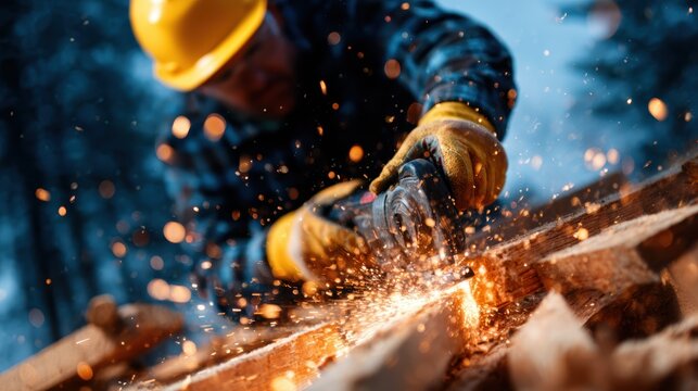 A dedicated craftsman skillfully works on wood, creating sparks as he operates a power tool, showcasing the art of craftsmanship and dedication to quality in woodworking.