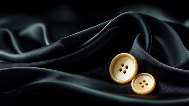Glossy Black Satin Fabric Draped with Two Yellow Buttons on Surface
