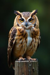 Obraz premium Small owl on rustic wooden post, intense stare , outdoor, rural, old