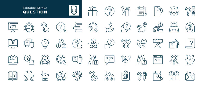 Question. Problem, confusion, asking and questioning, question mark. Set of outline icons. Line icon in linear style. Vector collection