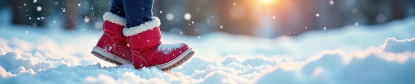 Small red boots kicking up snow, delighted laughter implied , snowy landscape, festive, snow boots