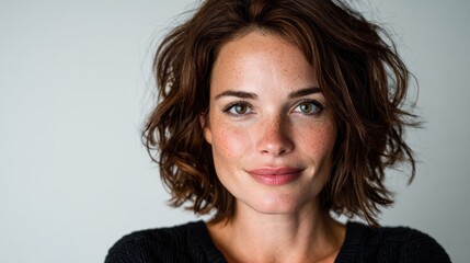 Naklejka premium A captivating portrait of a young woman with curly hair and freckles, showcasing an inviting smile that expresses confidence and warmth in a minimalistic studio backdrop.