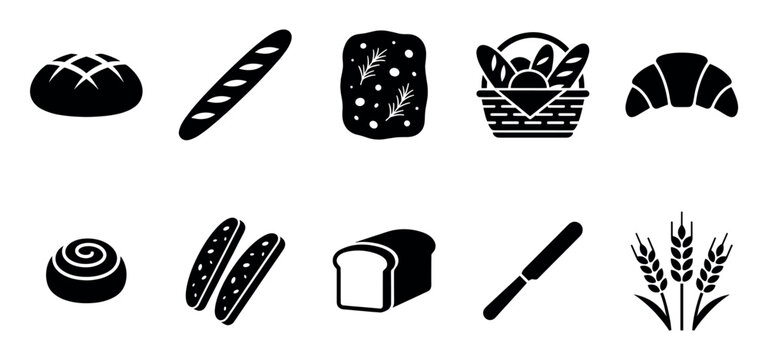 A collection of black and white flat icons representing various baked goods, including bread, croissants, and wheat.