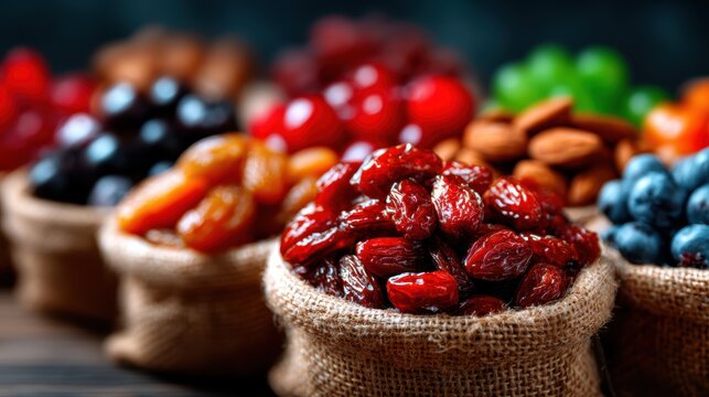 A vibrant display of assorted dried fruits and nuts in burlap sacks showcases the rich textures and colors, promoting healthy snacking and culinary creativity.