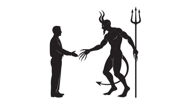 Devil silhouette with trident shaking hands with businessman silhouette in a contract negotiation featuring demon, handshake, deal with pact and evil