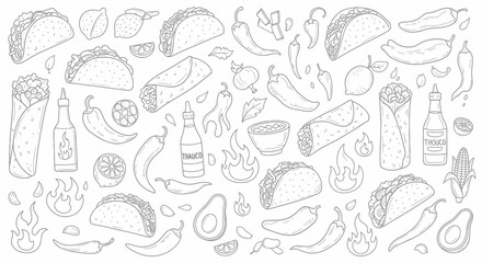 Fototapeta premium Hand-Drawn Mexican Food Fiesta: Tacos, Burritos, Peppers, Limes, and Sauces