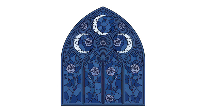 Gothic Stained Glass Window with Crescent Moons and Roses, Celestial Art Nouveau Design