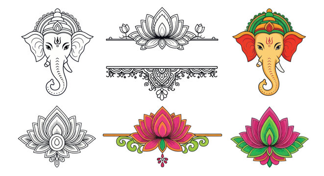 Ganesha Elephant Head and Lotus Flower Ornaments, Indian Traditional Art