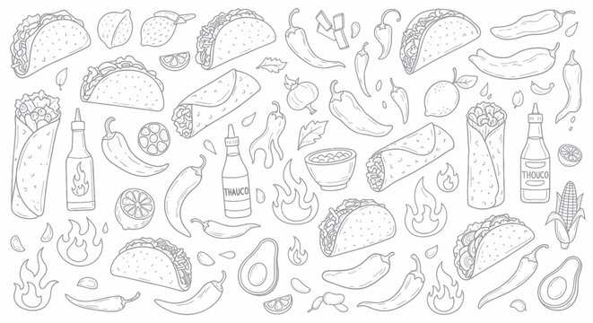 Hand-Drawn Mexican Food Fiesta: Tacos, Burritos, Peppers, Limes, and Sauces