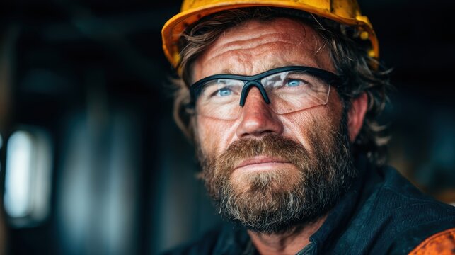 A rugged construction worker with a focused expression and protective gear, representing strength and determination in the face of hard labor on a construction site.