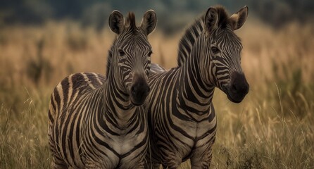 Fototapeta premium two zebras standing together in golden savanna grasslands during golden hour.