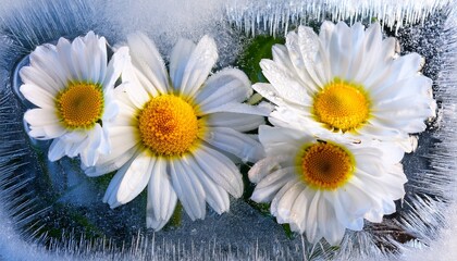 Obraz premium White Daisies With Yellow Centers Partially Frozen In Ice With Water Droplets Creating Magical Winter Flower Scene