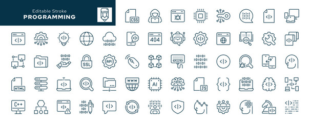 Programming and coding. Set of outline icons. Computer program, information technology, code, data, artificial intelligence, digital and more. Line icon in linear style. Vector collection 