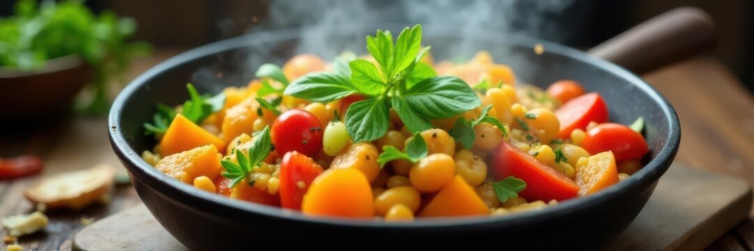 Steaming medley of fresh vegetables in a rustic pan,  ingredients,  overhead